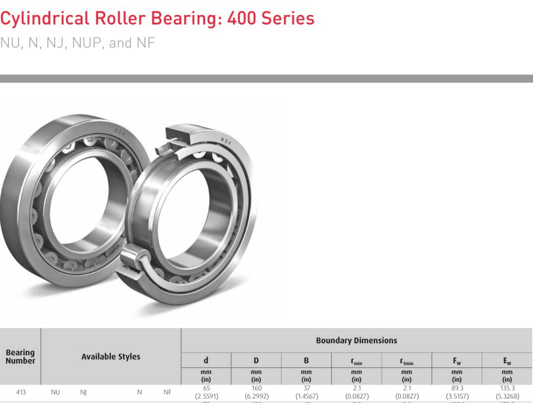 Cylindrical Roller NSK 413NU 413NJ 413N 413NF bearing